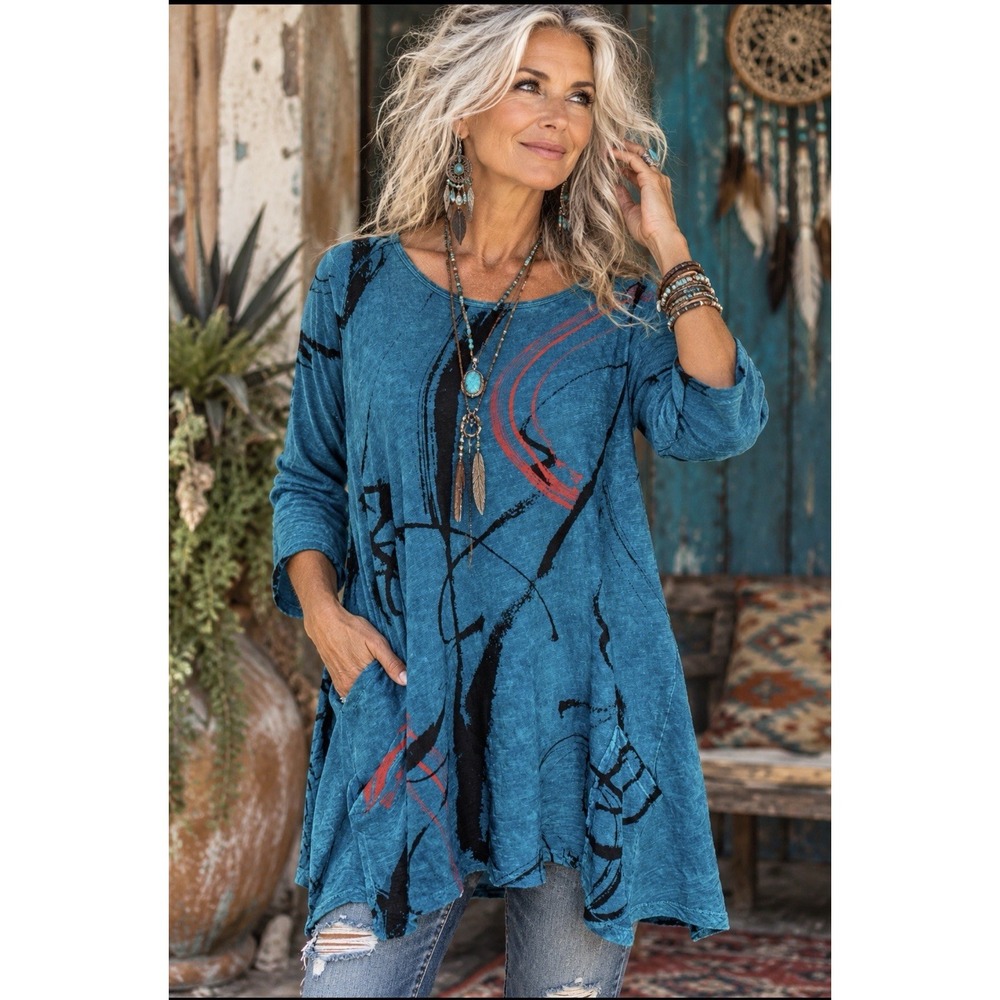 Jess & Jane Abstract Boho Tunic Top Womens XL Blue Artsy Maximalist Graphic